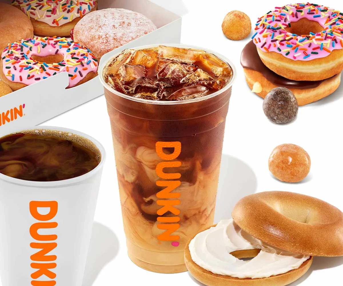 Dunkin's Donuts Iced coffee, bagel and donuts