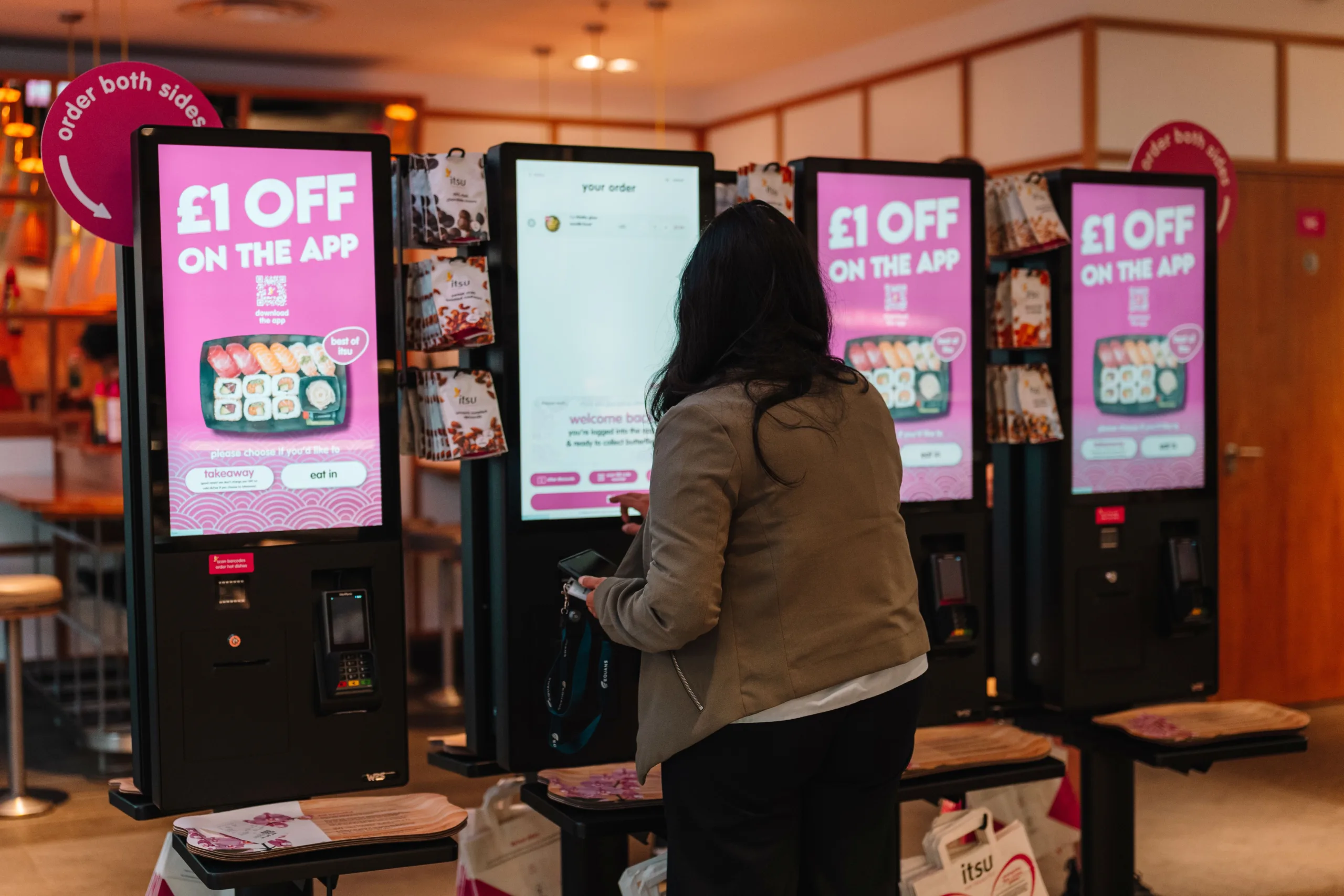 Customer using a WRS self-service ordering kiosk